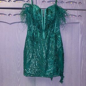Portia and Scarlett Emerald Green Sequin Feather Mini Dress